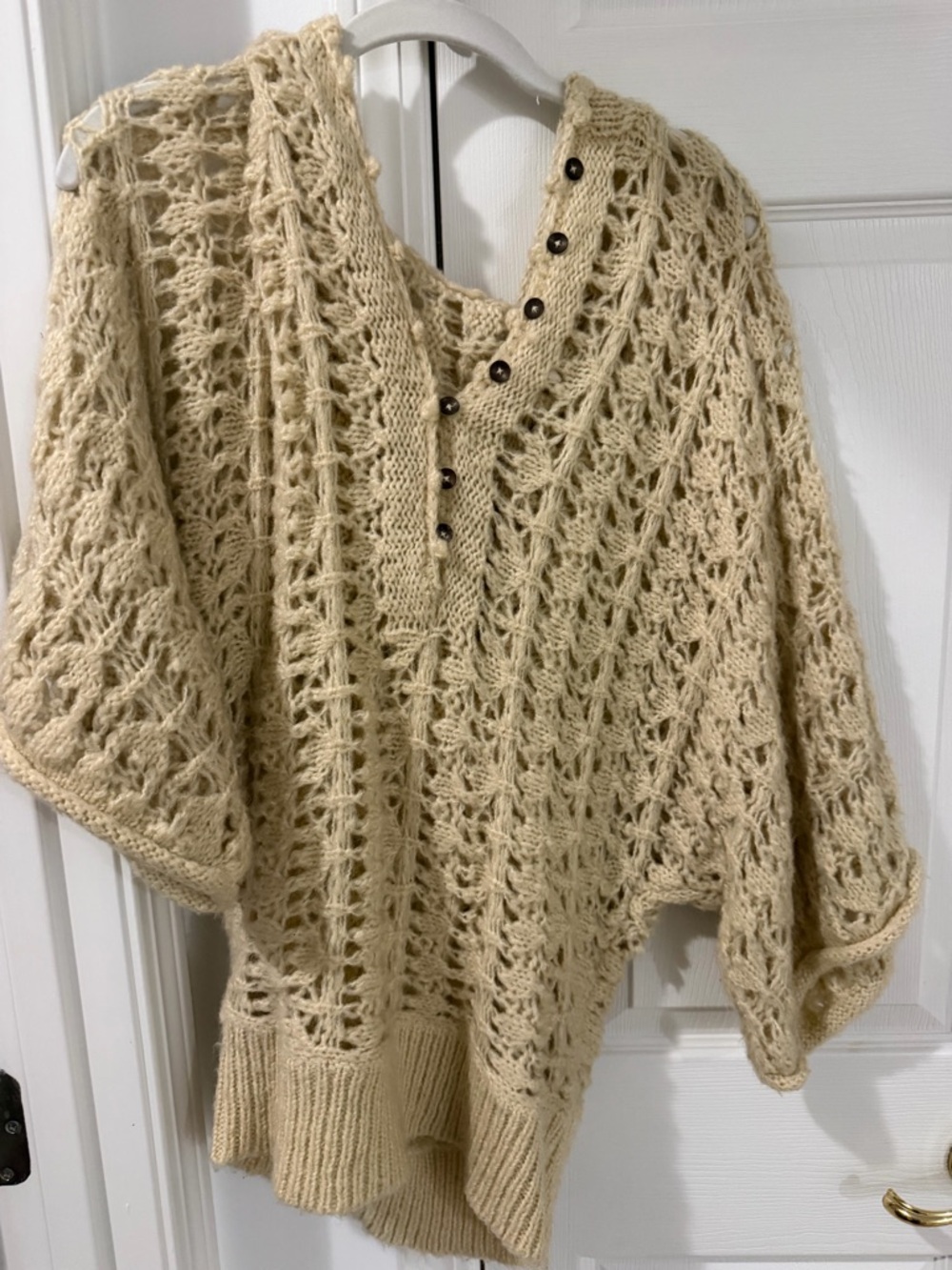 Free People Cream Open-Knit Button Poncho